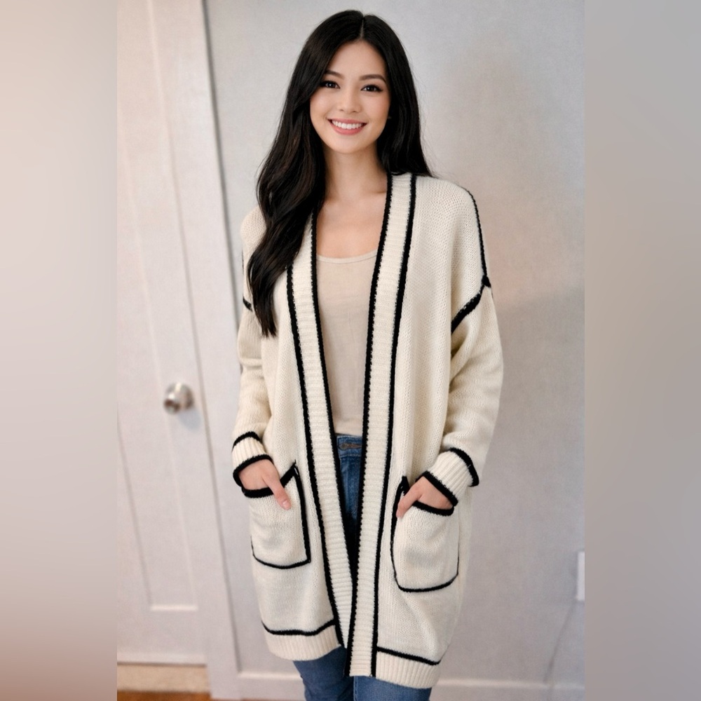 BizBi long knit white cardigan with black trim